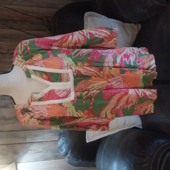 Tropical Floral Blouse Large Split Neck Top Embroidered Size - Picture 1 of 9